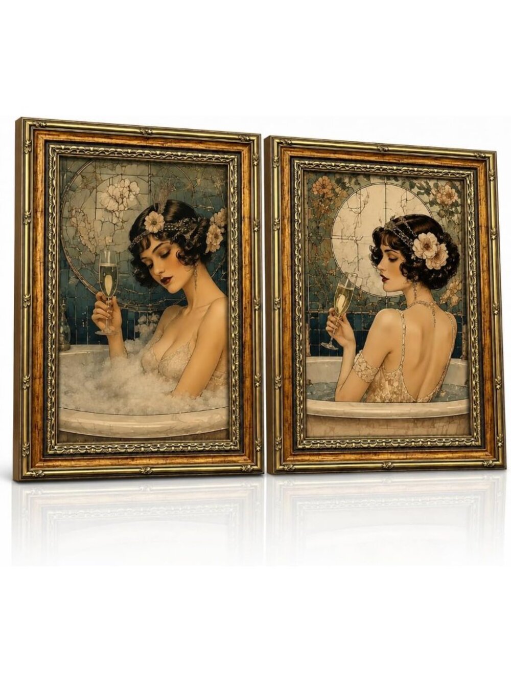 Vintage Gold Framed Canvas Wall Art Set of 2 - Elegant Home Decor, 16x24 Inch